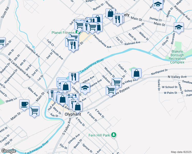 map of restaurants, bars, coffee shops, grocery stores, and more near 205 Jackson Street in Olyphant