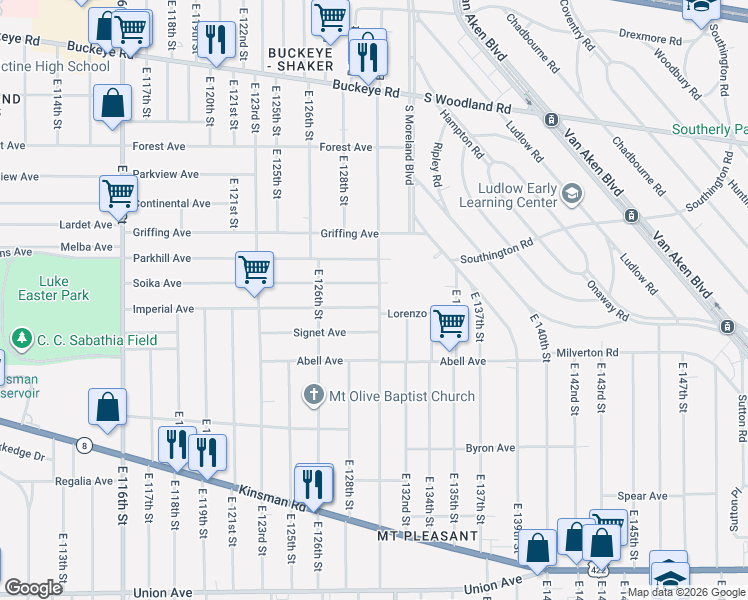 map of restaurants, bars, coffee shops, grocery stores, and more near 12816 Soika Avenue in Cleveland
