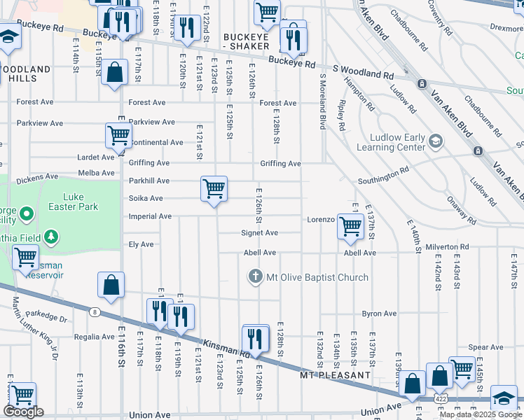 map of restaurants, bars, coffee shops, grocery stores, and more near 12610 Soika Avenue in Cleveland