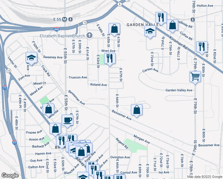 map of restaurants, bars, coffee shops, grocery stores, and more near 3121 East 65th Street in Cleveland