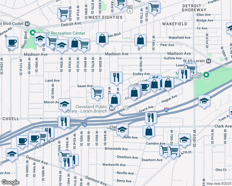 map of restaurants, bars, coffee shops, grocery stores, and more near 2130 West 81st Street in Cleveland