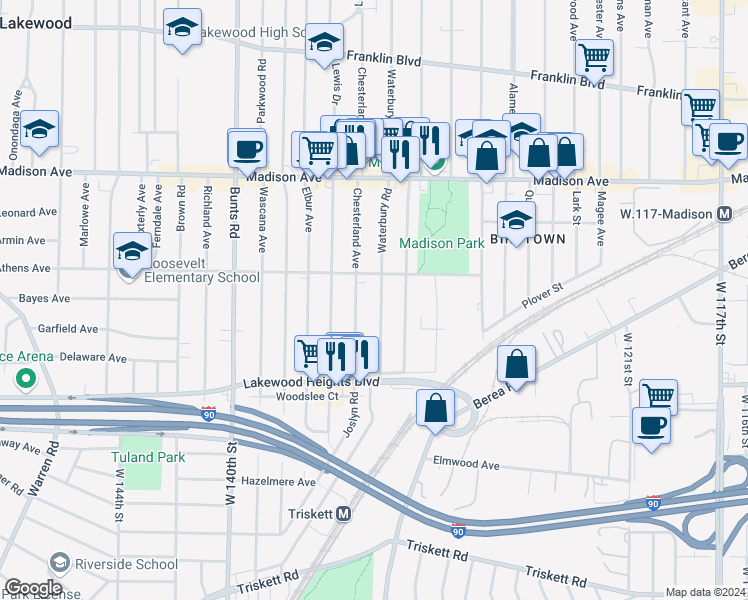map of restaurants, bars, coffee shops, grocery stores, and more near 2125 Waterbury Road in Lakewood