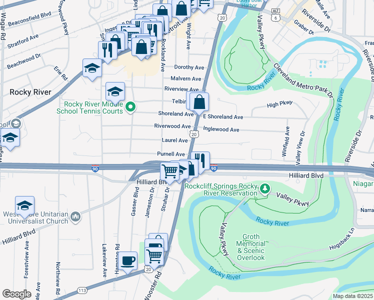 map of restaurants, bars, coffee shops, grocery stores, and more near 19351 Laurel Avenue in Rocky River