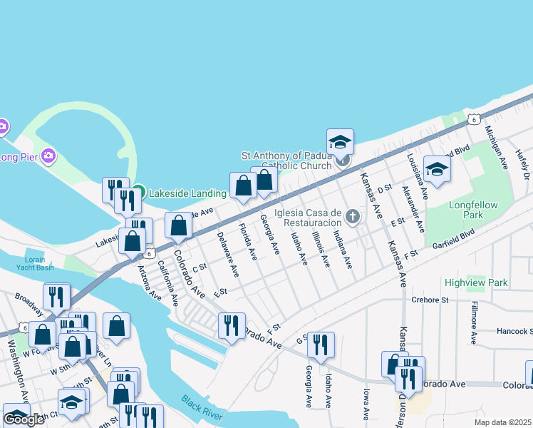 map of restaurants, bars, coffee shops, grocery stores, and more near 207 Georgia Avenue in Lorain