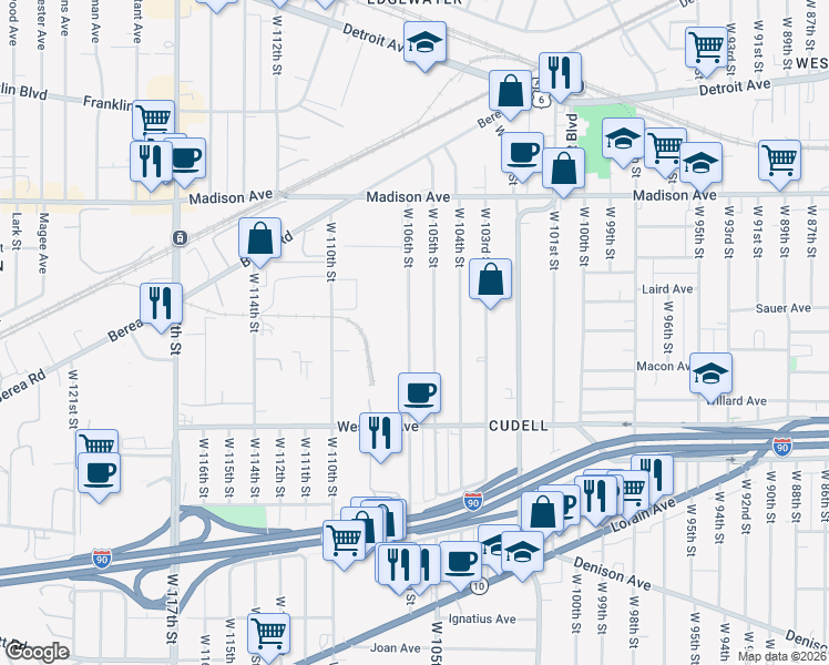 map of restaurants, bars, coffee shops, grocery stores, and more near 2143 West 106th Street in Cleveland