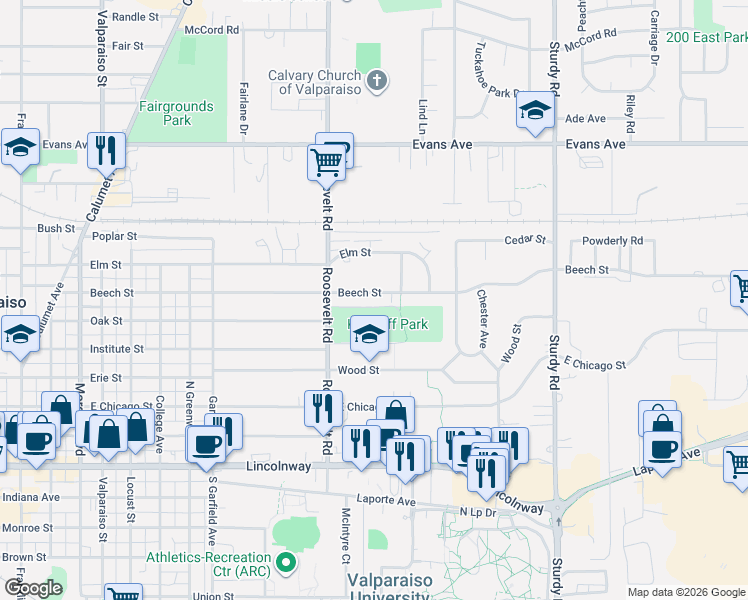 map of restaurants, bars, coffee shops, grocery stores, and more near 1201-1499 Beech Street in Valparaiso