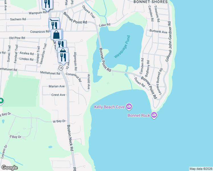 map of restaurants, bars, coffee shops, grocery stores, and more near 175 Bonnet Point Road in Narragansett