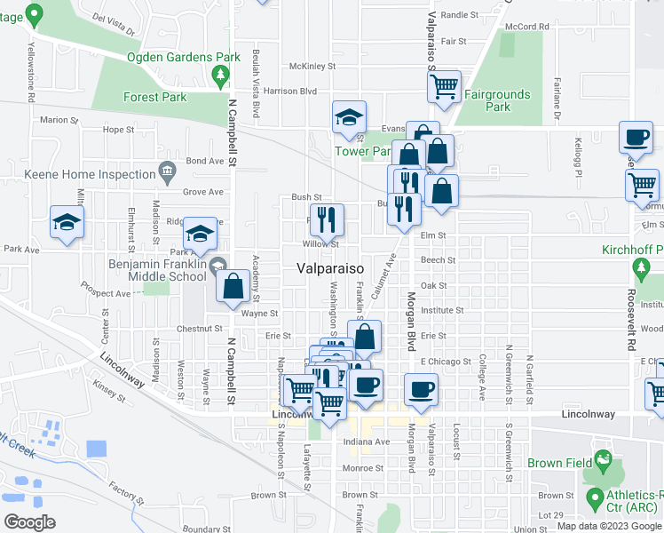 map of restaurants, bars, coffee shops, grocery stores, and more near 50-98 Walnut Street in Valparaiso