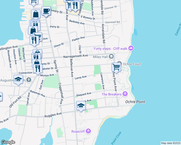 map of restaurants, bars, coffee shops, grocery stores, and more near 20 Leroy Avenue in Newport