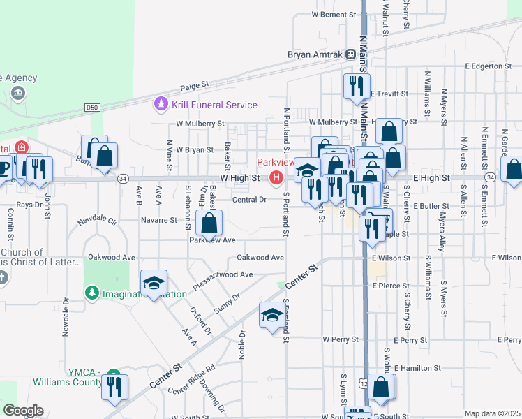 map of restaurants, bars, coffee shops, grocery stores, and more near 150 South Portland Street in Bryan