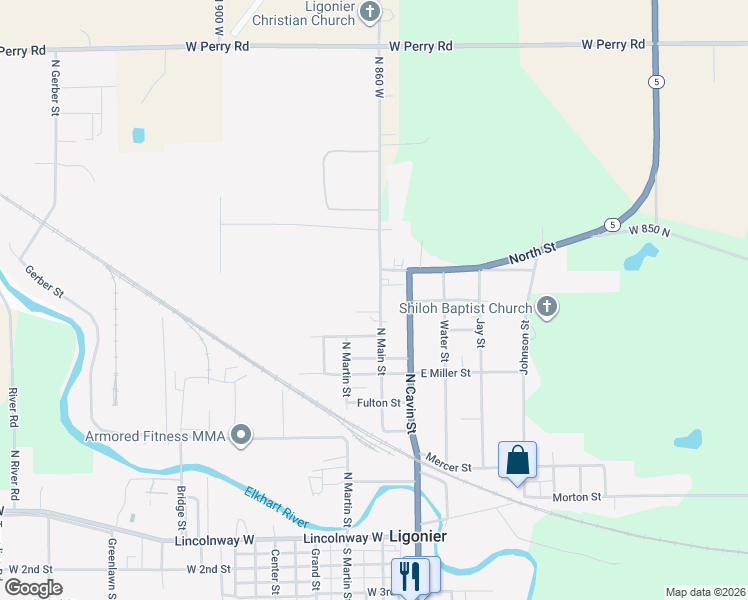 map of restaurants, bars, coffee shops, grocery stores, and more near 802 North Main Street in Ligonier