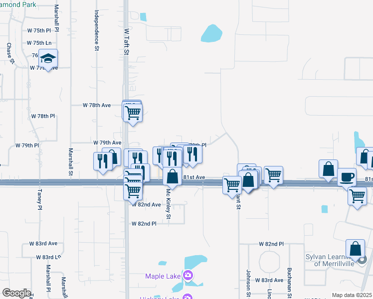 map of restaurants, bars, coffee shops, grocery stores, and more near 2000 West 79th Place in Merrillville