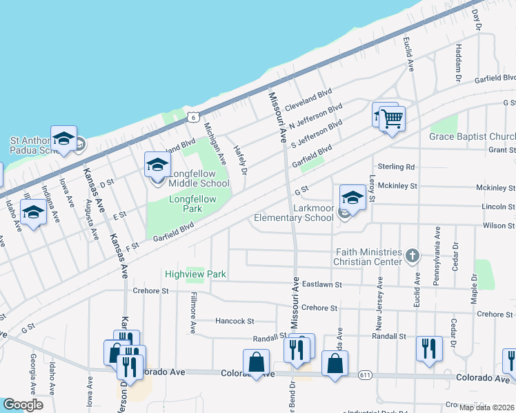 map of restaurants, bars, coffee shops, grocery stores, and more near 2139 G Street in Lorain