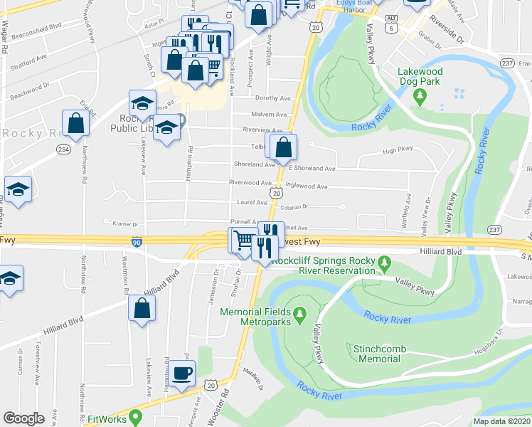 map of restaurants, bars, coffee shops, grocery stores, and more near 2364 Wooster Road in Rocky River