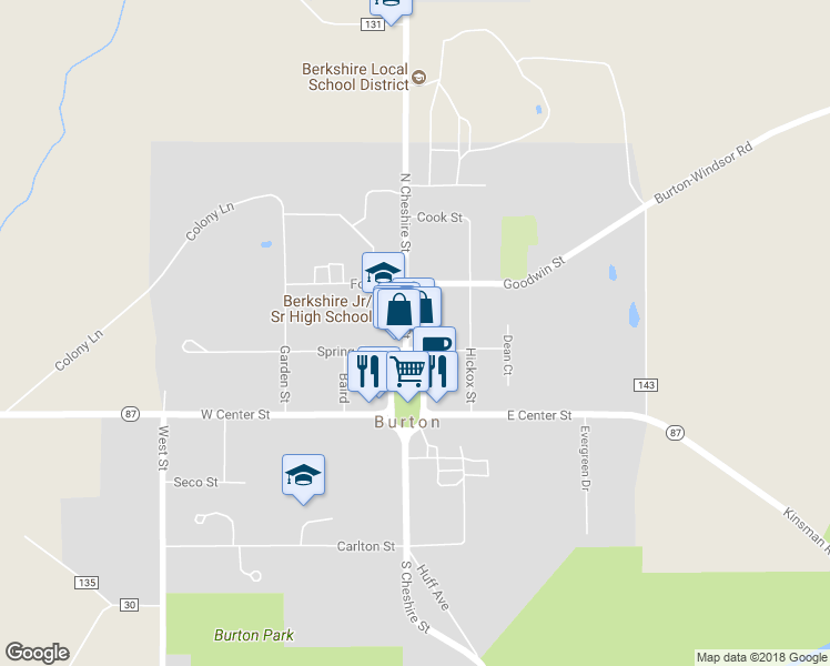 map of restaurants, bars, coffee shops, grocery stores, and more near 14529 North Cheshire Street in Burton