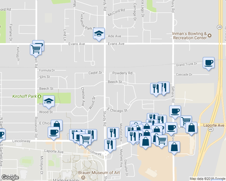map of restaurants, bars, coffee shops, grocery stores, and more near 512 Sturdy Road in Valparaiso