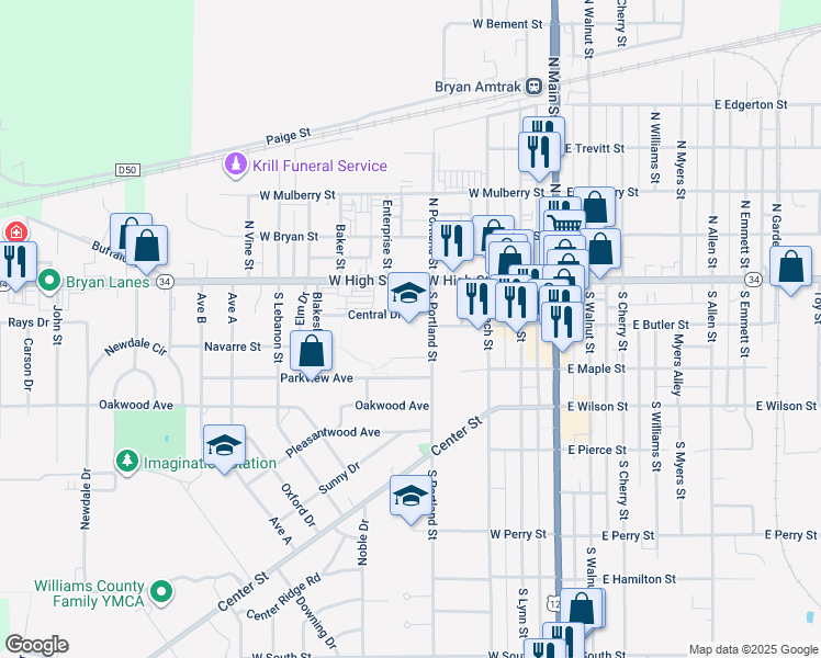 map of restaurants, bars, coffee shops, grocery stores, and more near 150 South Portland Street in Bryan