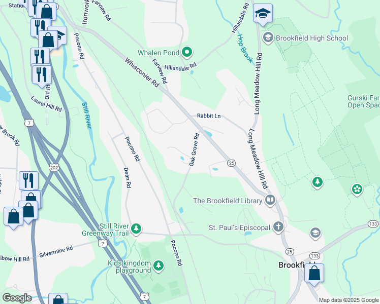 map of restaurants, bars, coffee shops, grocery stores, and more near 2 Oak Lane in Brookfield