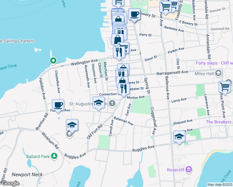 map of restaurants, bars, coffee shops, grocery stores, and more near 6 Lucas Avenue in Newport