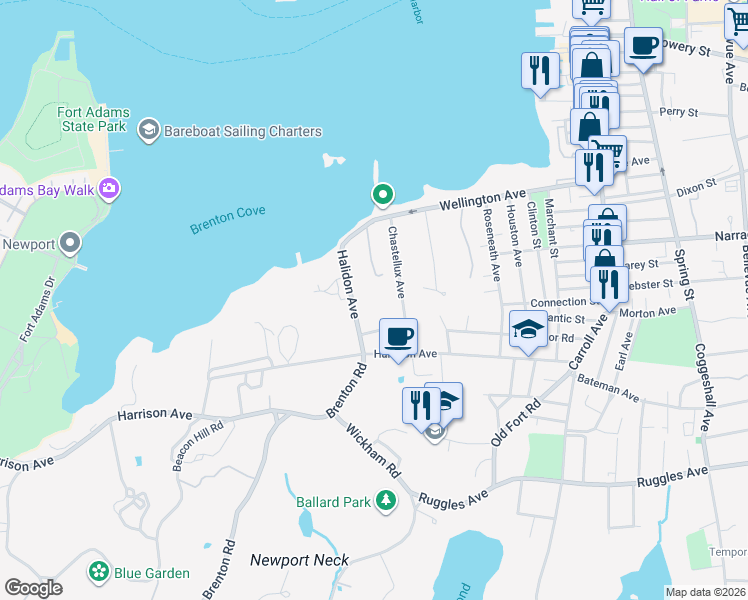 map of restaurants, bars, coffee shops, grocery stores, and more near 27 Chastellux Avenue in Newport