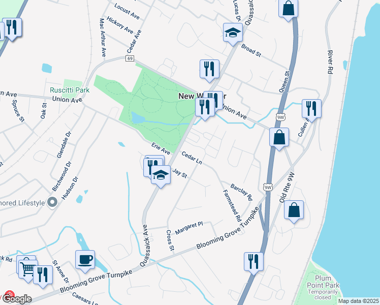 map of restaurants, bars, coffee shops, grocery stores, and more near 239 Quassaick Avenue in New Windsor
