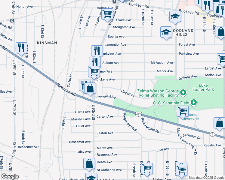 map of restaurants, bars, coffee shops, grocery stores, and more near 9417 Hilgert Drive in Cleveland