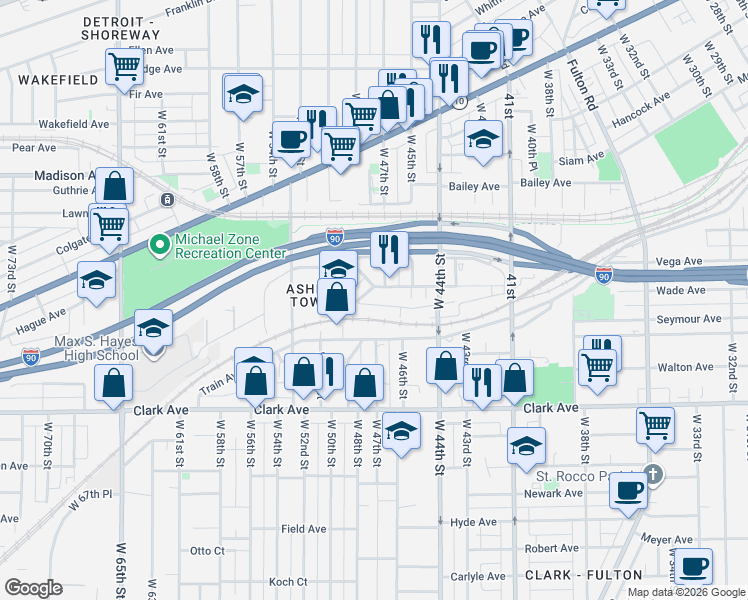 map of restaurants, bars, coffee shops, grocery stores, and more near 2194 Junction Road in Cleveland