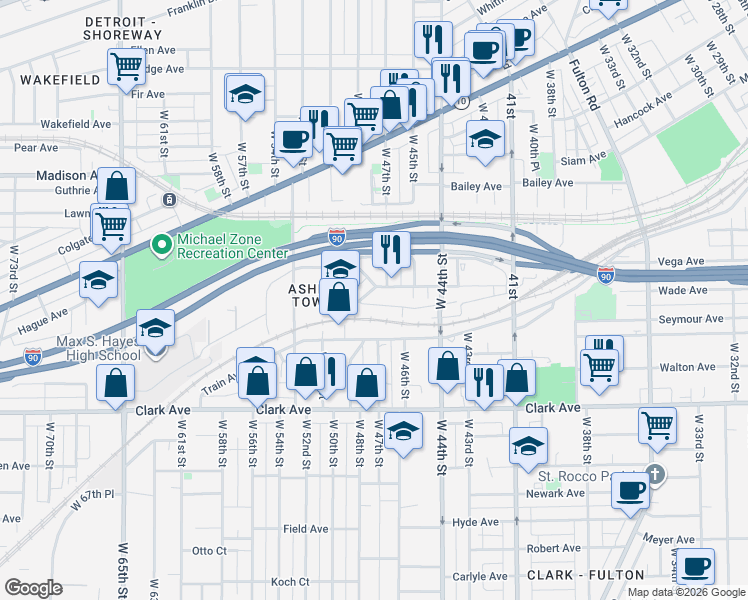 map of restaurants, bars, coffee shops, grocery stores, and more near 2194 Junction Road in Cleveland
