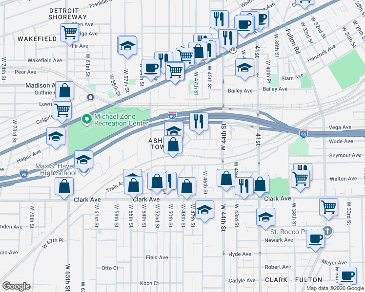 map of restaurants, bars, coffee shops, grocery stores, and more near 2194 Junction Road in Cleveland