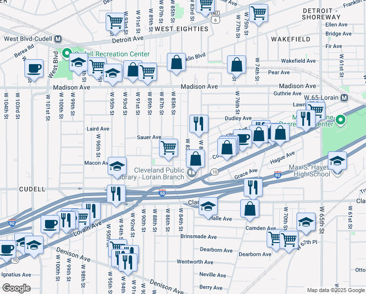 map of restaurants, bars, coffee shops, grocery stores, and more near 2133 West 84th Place in Cleveland
