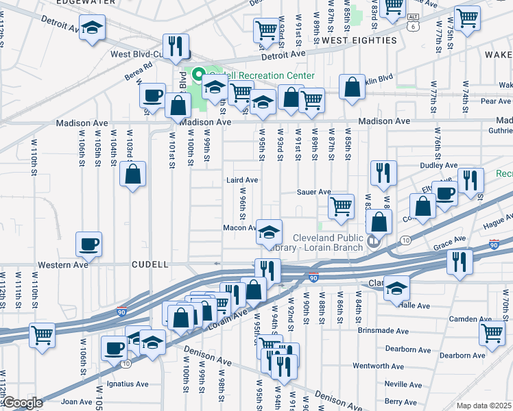 map of restaurants, bars, coffee shops, grocery stores, and more near 2129 West 95th Street in Cleveland