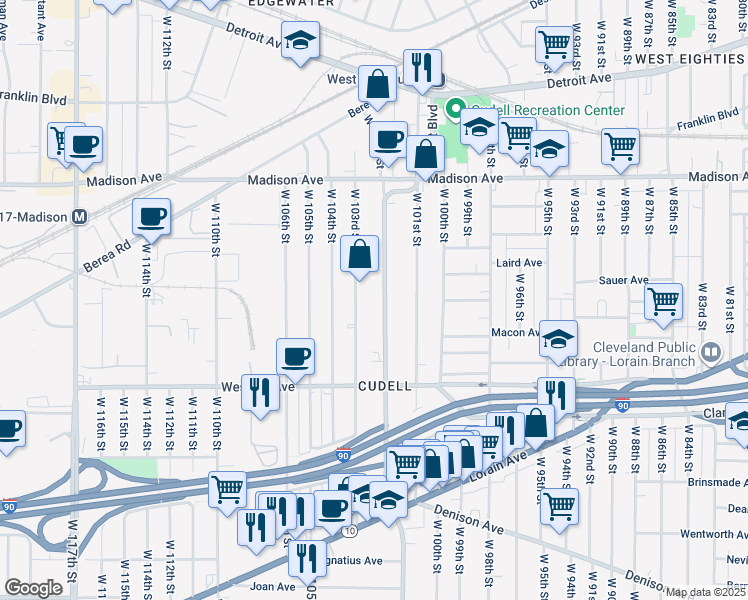 map of restaurants, bars, coffee shops, grocery stores, and more near 2128 West Boulevard in Cleveland