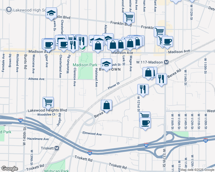 map of restaurants, bars, coffee shops, grocery stores, and more near 2127 Quail Street in Lakewood