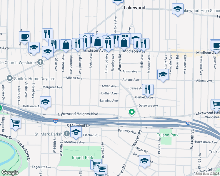 map of restaurants, bars, coffee shops, grocery stores, and more near 15122 Arden Avenue in Lakewood