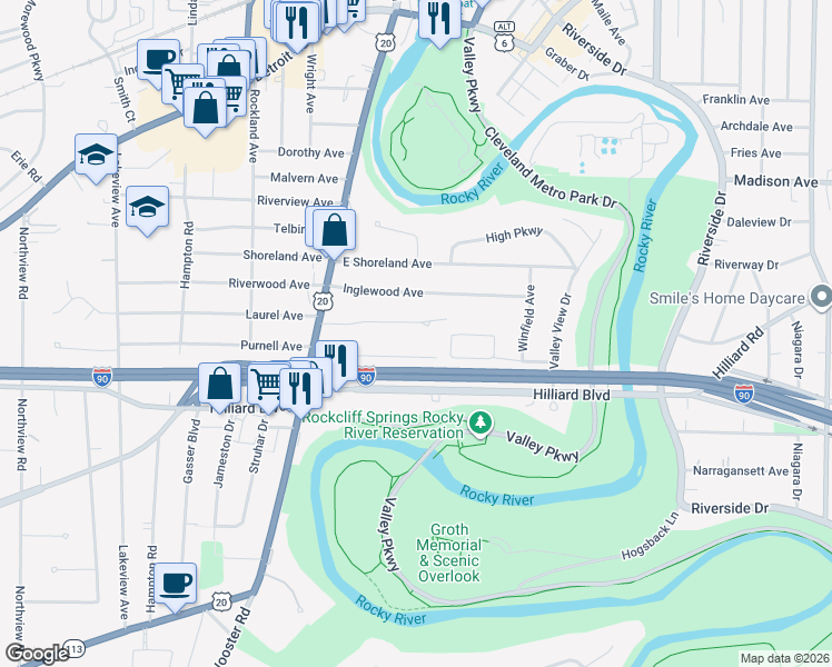 map of restaurants, bars, coffee shops, grocery stores, and more near 18984 Colahan Drive in Rocky River