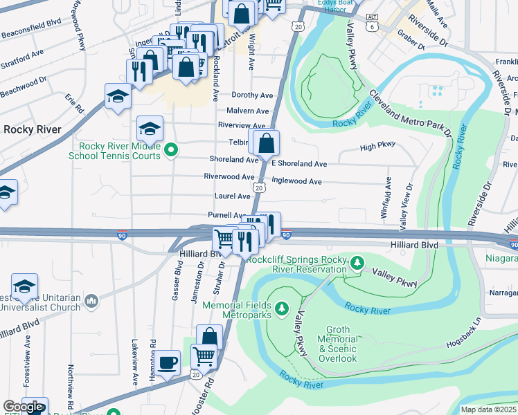 map of restaurants, bars, coffee shops, grocery stores, and more near 2323 Wooster Road in Rocky River
