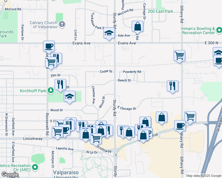 map of restaurants, bars, coffee shops, grocery stores, and more near 1906 Beech Street in Valparaiso