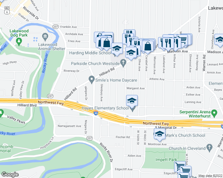 map of restaurants, bars, coffee shops, grocery stores, and more near 2163 Atkins Avenue in Lakewood