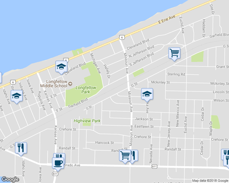 map of restaurants, bars, coffee shops, grocery stores, and more near 2139 G Street in Lorain