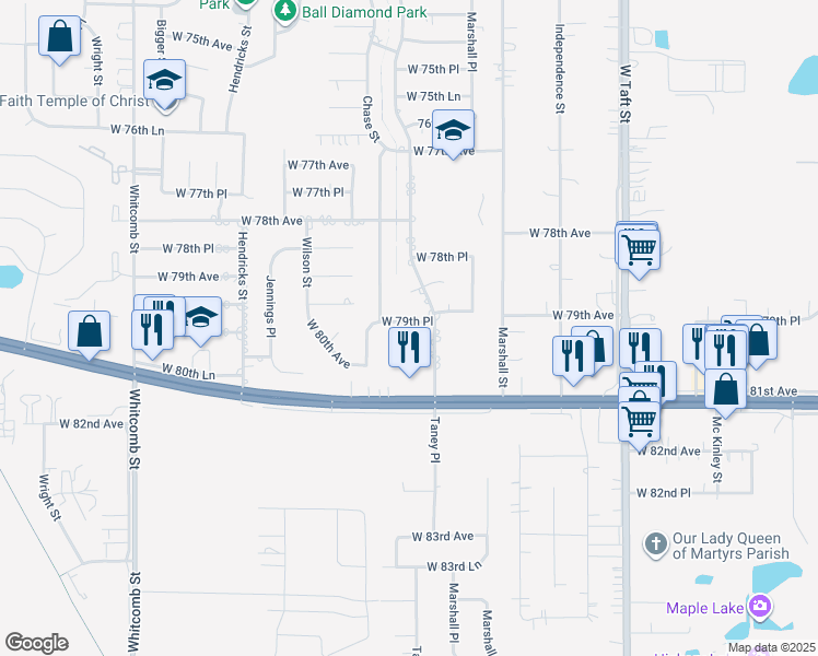 map of restaurants, bars, coffee shops, grocery stores, and more near 3111 West 79th Place in Merrillville