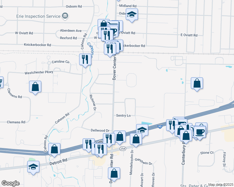 map of restaurants, bars, coffee shops, grocery stores, and more near 945 Dover Center Road in Westlake
