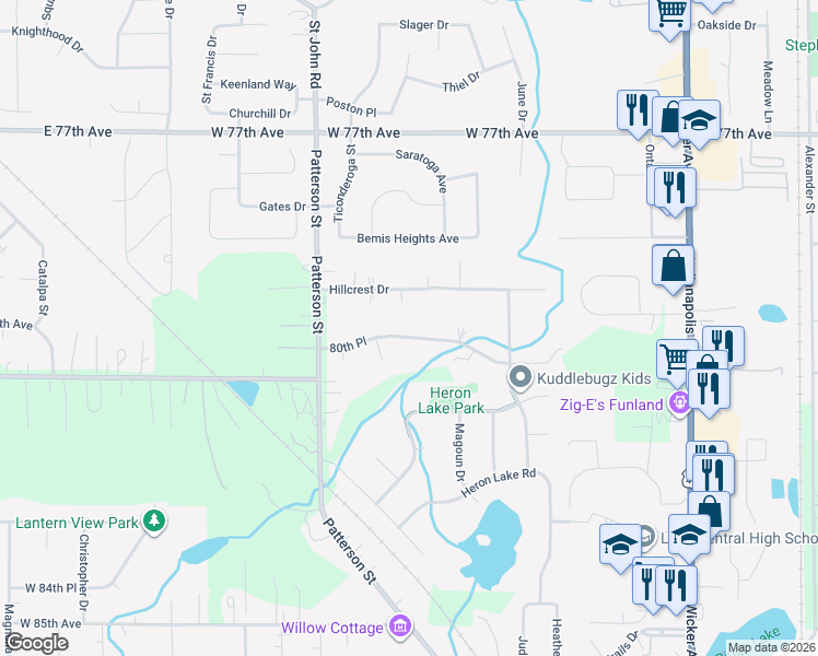 map of restaurants, bars, coffee shops, grocery stores, and more near 12190 80th Place in Dyer