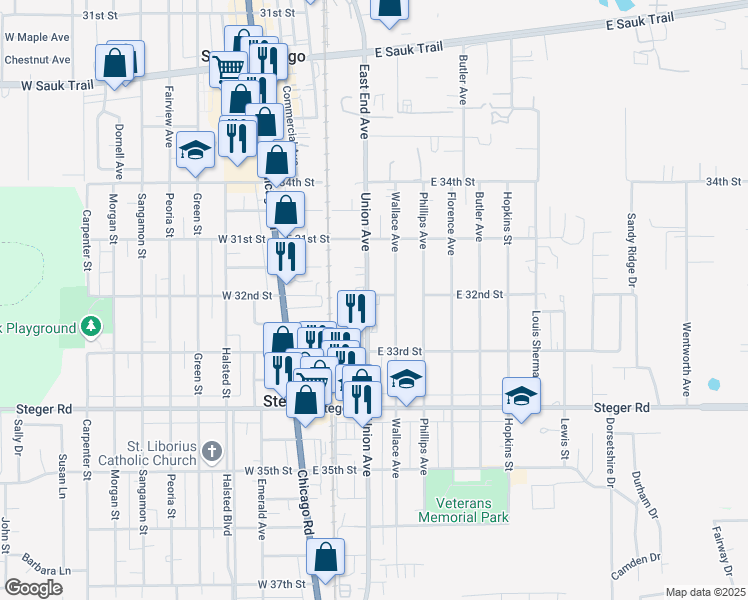 map of restaurants, bars, coffee shops, grocery stores, and more near 3147 Union Avenue in Steger