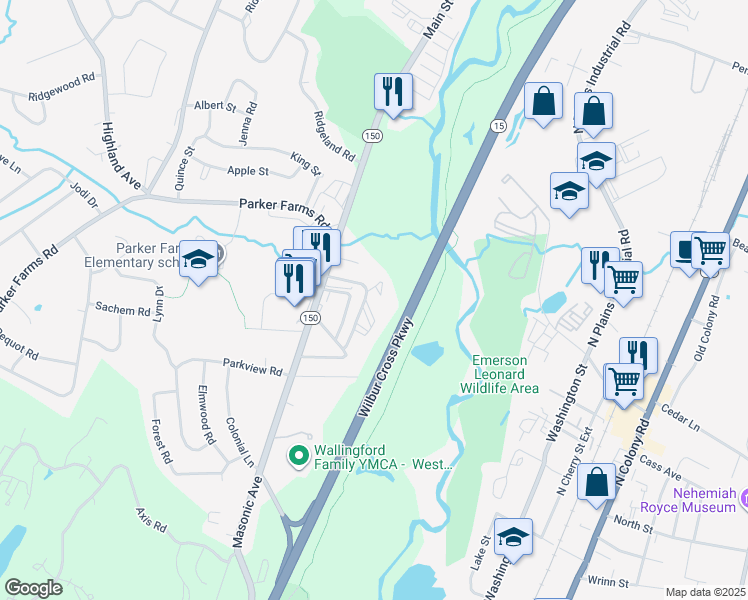 map of restaurants, bars, coffee shops, grocery stores, and more near 82 Knollwood Drive in Wallingford
