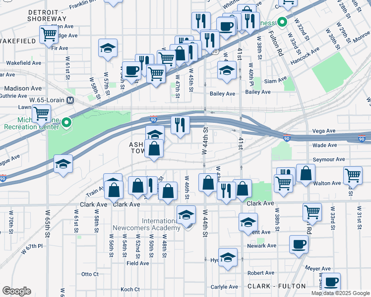 map of restaurants, bars, coffee shops, grocery stores, and more near 4601 Fenwick Avenue in Cleveland