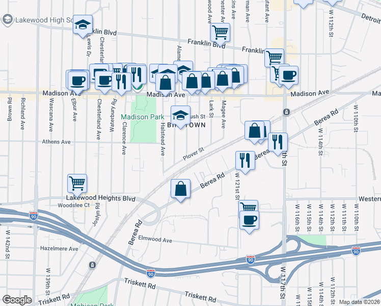 map of restaurants, bars, coffee shops, grocery stores, and more near 12514 Plover Street in Lakewood