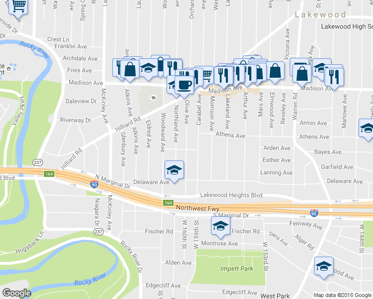 map of restaurants, bars, coffee shops, grocery stores, and more near Olive Avenue in Lakewood