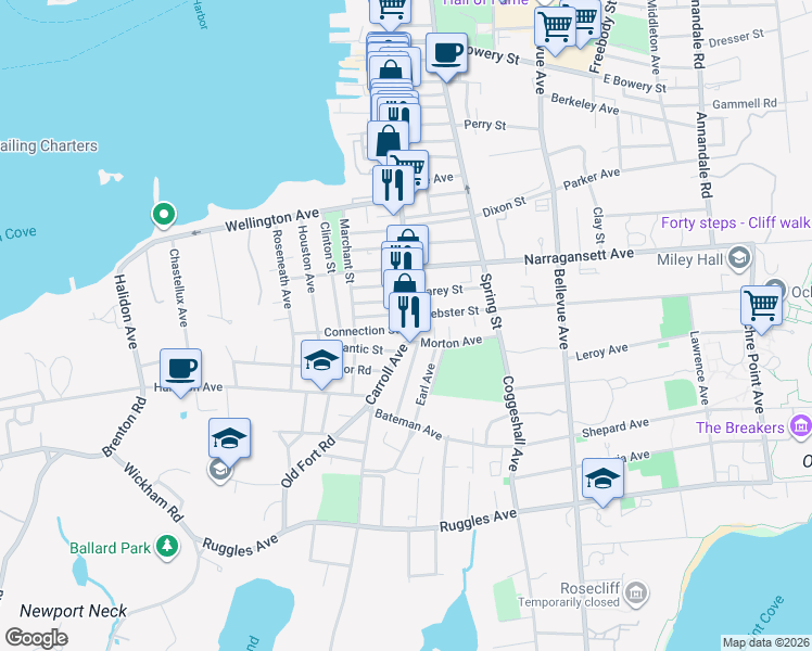 map of restaurants, bars, coffee shops, grocery stores, and more near 703 Thames Street in Newport
