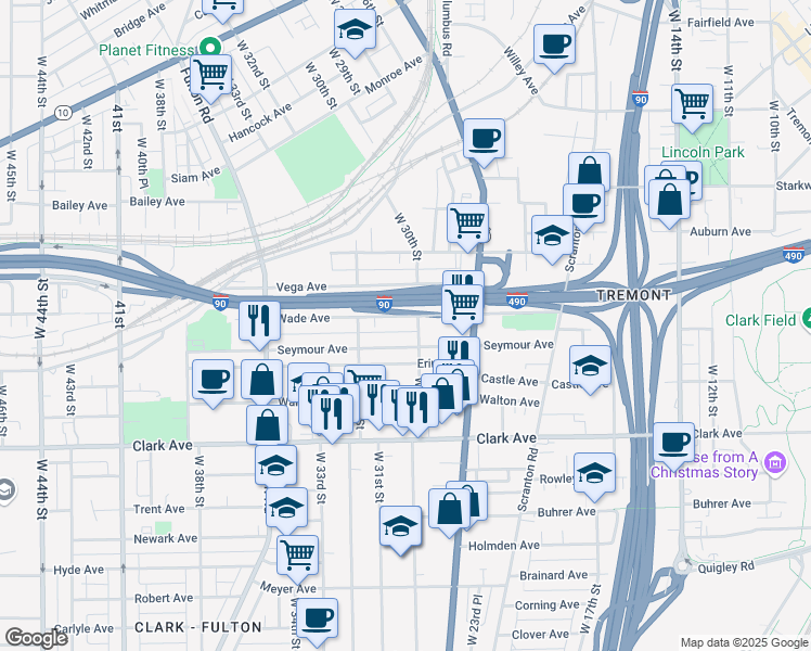 map of restaurants, bars, coffee shops, grocery stores, and more near 3011 Wade Avenue in Cleveland