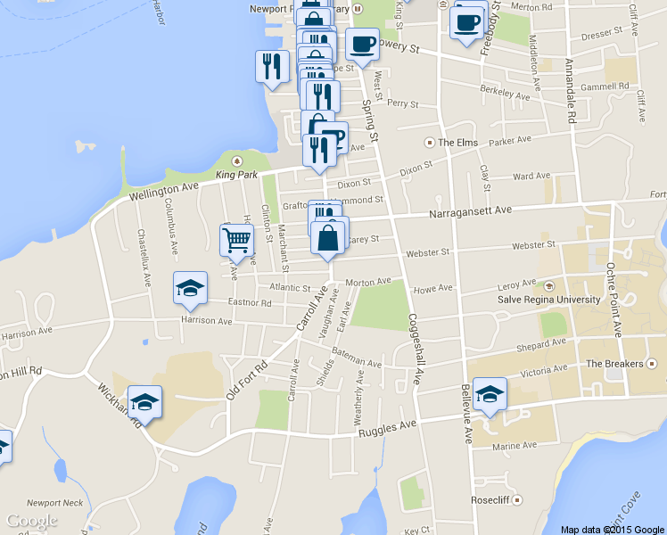 map of restaurants, bars, coffee shops, grocery stores, and more near 9 Webster Street in Newport
